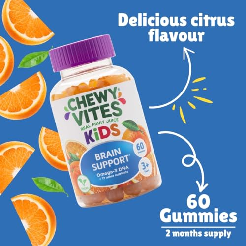Chewy Vites Kids Brain Support 60 Gummy Vitamins | Omega 3 DHA Gummies for Kids | 12 Essential Vitamins and Minerals | 2 Months Supply | Real Fruit Juice | 1-a-Day | Vegan | 3 Years +