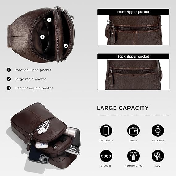 SVNXI Genuine Leather Sling Crossbody Bag,Fashion Chest,Casual Shoulder Bag for Men Women Work Travel Cycling