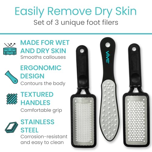 Vive Foot File Callus Remover Pedicure Tool Kit For Care Dead Skin Heel Scrub Shaver And Rough Patch Eliminator Remover For Dry And Wet Toe And Feet Peel Rasp Scrubber Blade Variety Pack (3) Multi