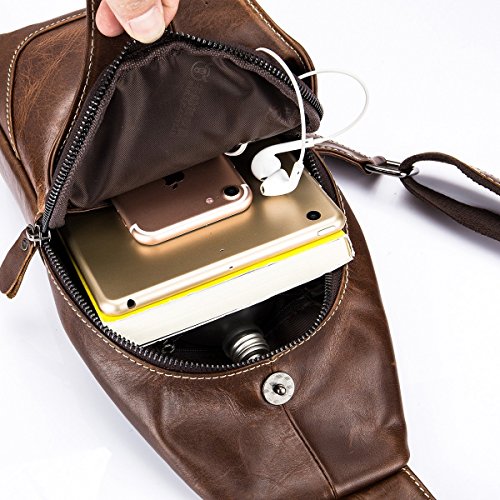 BULLCAPTAIN Men's Sling Bag Genuine Leather Chest Shoulder Backpack Cross Body Purse Water Resistant Anti Theft for Travel Hiking School (Brown)