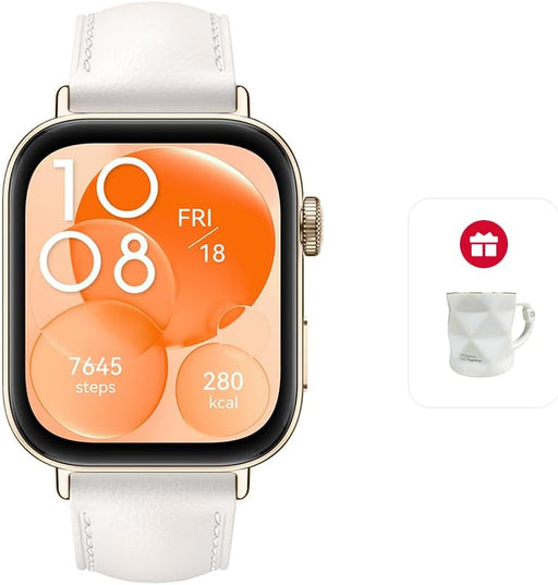 WATCH FIT 3, 1.82" AMOLED Display, Ultra-Slim Design, All-Round Fitness Management, Durable Battery Life, Leather Strap, Compatible with iOS & Android, White + Exclusive Watercup - Pearl White