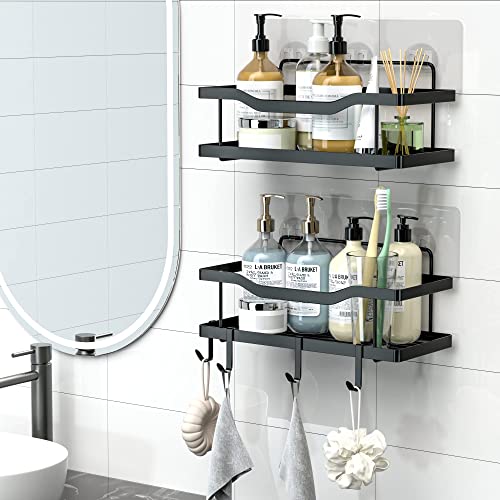 Mtanvxay 5-Pack Shower Caddy, Adhesive Bathroom Organizer, No Drilling, Large Capacity, Rustproof Stainless Steel Bathroom Shower Organizer with 4 Hooks, Shower Shelf for Inside Shower Tiokkss Black