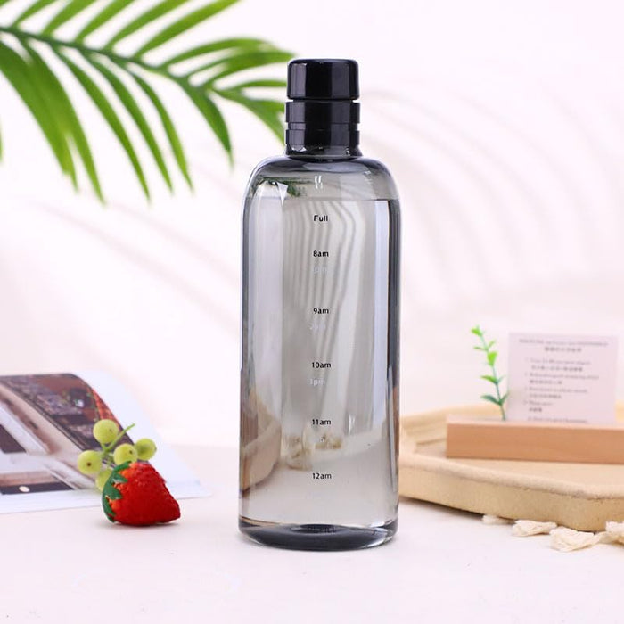 BAVIEN 500/ 750ml Plastic Water Bottle with Time Marker, Large Capacity Leakproof Drink Bottle Transparent Milk Juice Simple Cup for Men Women Gym Outdoors Sports Fitness (750ML, Black)