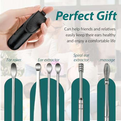 6 In 1 Ear Cleansing Tool Set, Ear Wax Removal Kit, Ear Pick, Stainless Steel, Spiral Design, Reusable with Storage Box, Safely, Gently, Ear Cleaner for Kids and Adults, Ear Wax Buildup (Black)