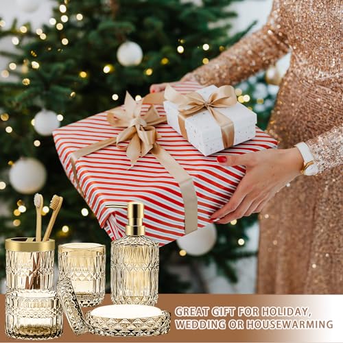 Decostatue Bathroom Accessories Set- 5 Pcs Modern Elegance with Soap Dispenser, Tumbler, Dish, Toothbrush Holder, Cotton Jar Countertop Vanity Organizer for Bathroom Set Glass- Golden