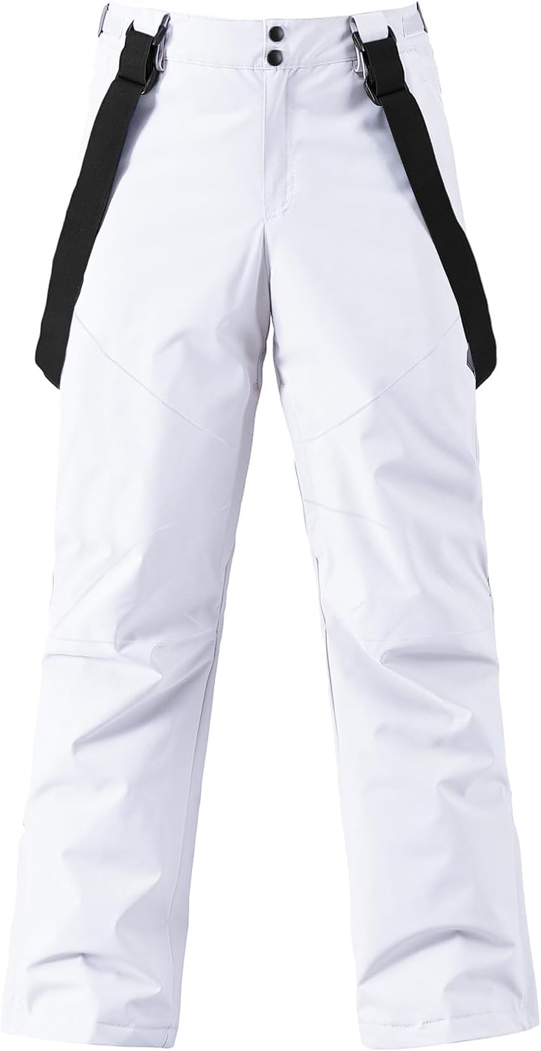 Men's Waterproof Snow Pants Insulated Outdoor Ski Pants Winter Warm Detachable Suspender Snowboard Bibs - White