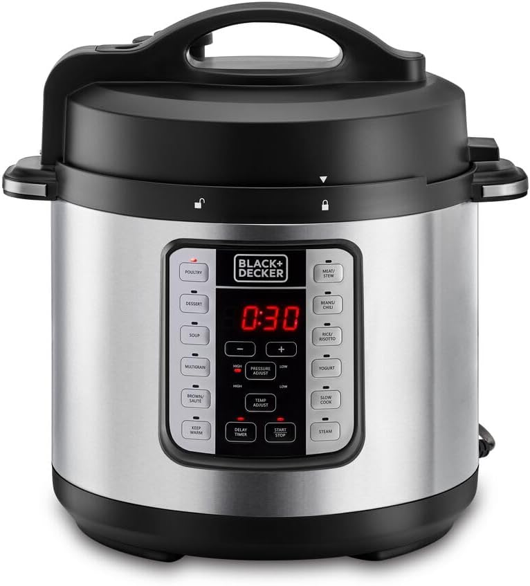 Black & Decker 1000W 6L Electric Pressure Cooker 7in1, With 12 Smart Programs 9 Safety Features Dishwasher Safe with Accessories, For Quick and Easy Meals PCP1000-B5 2 Years Warranty