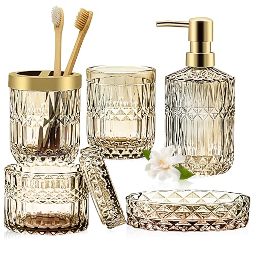 Decostatue Bathroom Accessories Set- 5 Pcs Modern Elegance with Soap Dispenser, Tumbler, Dish, Toothbrush Holder, Cotton Jar Countertop Vanity Organizer for Bathroom Set Glass- Golden