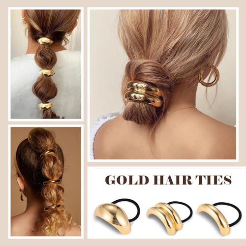 papasgix 3 Metal Hair Ties, Ponytail Cuffs - Gold & Silver Hair Accessories for Women (Gold Set 01)
