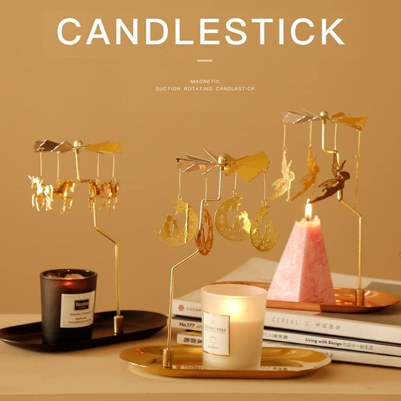 Creahaus Rotating Candle Holder with Tray, Gold Candle Spining Metal Holder for Christmas, Valentine's Day, Party Table Decor, Gift (Gold Carousel)