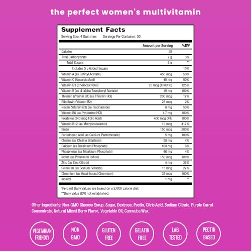 Women's Multivitamin Gummies | Vitamins A, B, C, D, E, Biotin, Folic Acid, Daily Multivitamin for Women, Berry | Chewable Women's Gummy Multivitamins | Bones, Brain, Heart, Immune & Energy Supplement