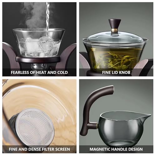 CUNHUY Lazy Kungfu Drip TeaPot, Heat Resistant Tea Set, Semi-Automatic Glass Teapot Suit for Magnetic Water Flow Wooden Glass Teapot Set (Wooden handle+glass body)