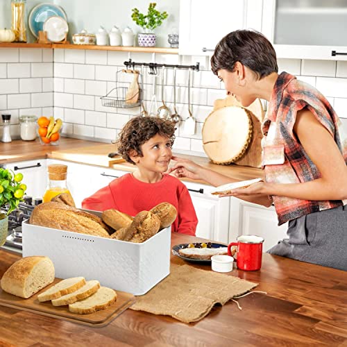 White Bread Box For Kitchen Countertop - Bread Box With Bamboo Wood Cutting Board Lid - Farmhouse White Bread Boxes - Metal Large Bread Box Modern Style To Extend Freshness - Bread Storage Container