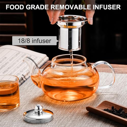 Azonee Glass Teapot Stovetop 20 OZ/600ml, Tea Pot with Removable 18/8 Stainless Steel Infuser, Borosilicate Clear Tea Kettle, Teapot Blooming and Loose Leaf Tea Maker