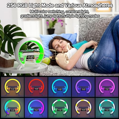 KASTWAVE Atmosphere Lamp, with 15W Wireless Charger LED Alarm Clock Smart Table Lamp, with Bluetooth Speaker & Iridescent Running Lights, Atmosphere Light for Adults Kids Office Bedroom Gift