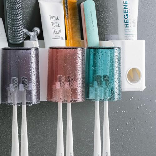 ECVV 2 Cups Wall Mounted Toothbrush Holder Set, Bathroom Toothbrush Holder with 2 Classification Storage Compartments -Automatic Toothpaste Squeezer Storage Rack Bathroom Accessories Set