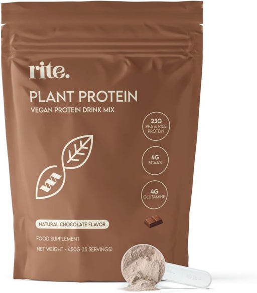 Rite. Performance Protein - Vegan Protein Powder with 23g Plant-Based Protein, 4g BCAAs & 4g L-Glutamine. Perfect anytime & post workout. Tastes great with just water Duo Pack Flavour (30 Servings). - Chocolate 450.0