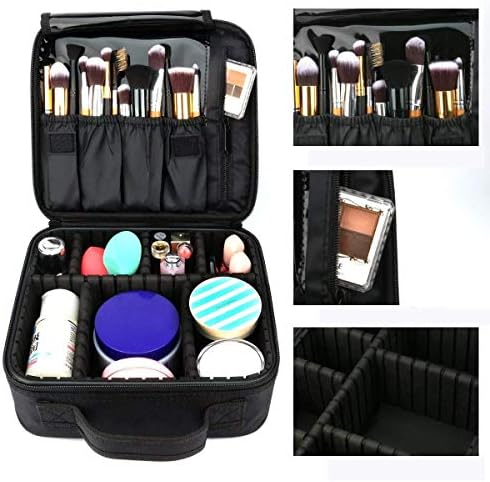 Travel Makeup Bag,Portable Travel Makeup Cosmetic Case Organizer Artist Storage Bag with Adjustable Dividers for Cosmetics Makeup Brushes Toiletry Jewelry Digital Accessories, Black, BK14-WAA-2