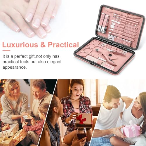 YHRY Manicure Set, Professional Pedicure Kit, Nail Clippers Kit, 18 Pcs Nail Care Tools, Grooming Kit, with Luxurious Upgraded Travel Case(Pink)