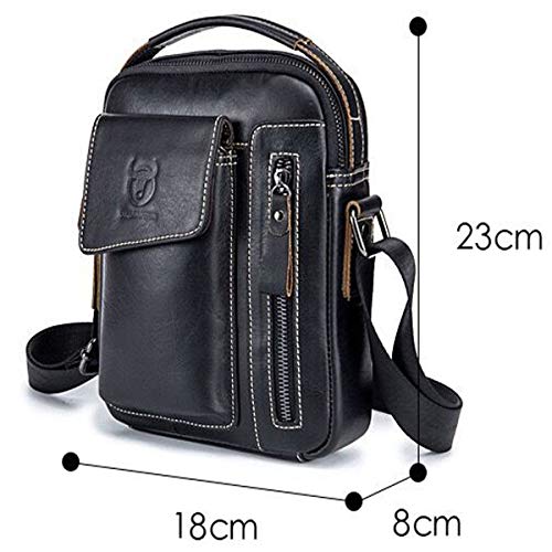 BULLCAPTAIN Men's Small Shoulder Bag, Genuine Leather Bag, Retro lightweight Cross Body Everyday Satchel Bag for Business Casual Sport Hiking Travel, Black, 2T, Traveling
