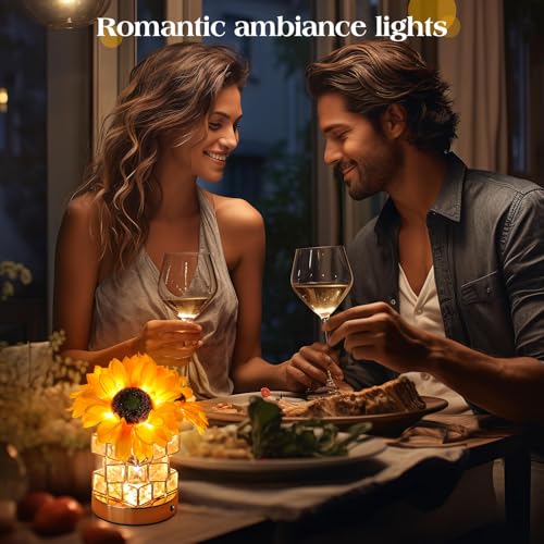 Sunflowers Flower Lamp Touch Lamp, 3-Colour LED Artificial Flowers Small Table Lamp Night Light with Crystal Clear Glass Vase, Rechargeable Cordless Table Lamp,Gift for Valentine Day,Mothers Day