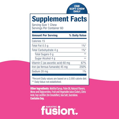 Bariatric Fusion Iron Soft Chew with Vitamin C | Watermelon Flavored | Iron Supplement Chewy Vitamin for Bariatric Patients Including Gastric Bypass and Sleeve Gastrectomy | 60 Count | 2 Month Supply