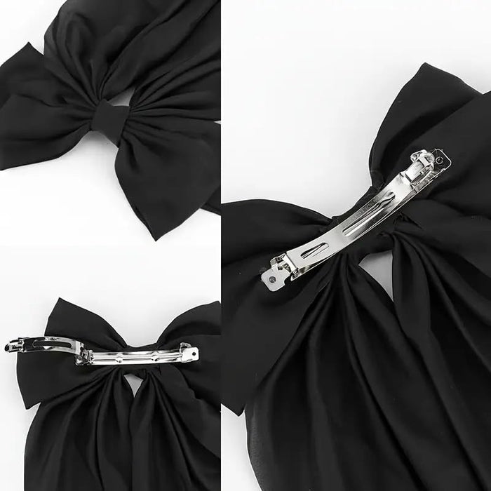 Elegant Silky Satin Hair Bow Clips.Set of 2,Oversized Fabric Bow Tie Barrettes,Black & Cream.Simple Classic Long Tassel Exquisite Hair Clips.Vintage Ribbon Bows.