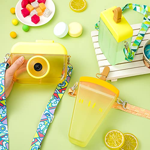 Honeydak 3 Pieces Cute Water Bottles with Straws Creative Kawaii Camera Shaped Ice Cream Bar Watermelon Adjustable Strap Plastic Water Bottle for Travel School Sport Kids (Fresh Style, Yellow)