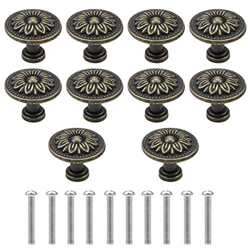 NATUCE 10PCS Antique Bronzy Flower Round Cabinet Knob, 32MM Vintage Drawer Knob, Kitchen Cabinet Cupboard Door Drawer Pull Knob, Retro Bronze Drawer Pull Handle, Hardware Knobs for Drawer Wardrobe