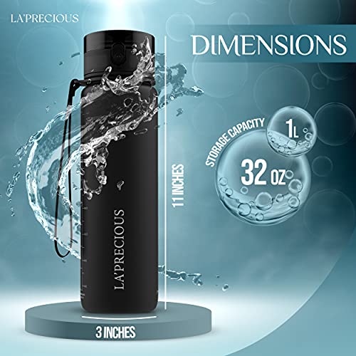 LA' PRECIOUS Water Bottle for Adults,1 liter-USA Tritan Material, Non-Toxic BPA Free, Fast Flow, Flip Top Leak Proof Lid. (Midnight Black)