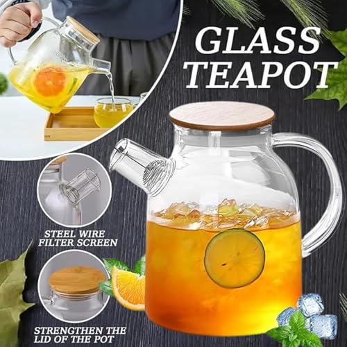 Power King Large 1.5 Liters Transparent Glass Teapot Stovetop & Microwave Safe Kettles for Brewing Hot or Cold Tea