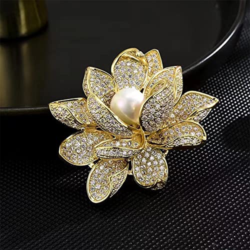 Kokoma Lotus Flower Brooch Pin for Women Girls Gold Plated Rhinestone CZ Pearl Floral Lapel Pins Corsage Badge Brooches Scarf Clip Pins for Cloth Dress Accessories Decoration, Gemstone, cubic zirconia