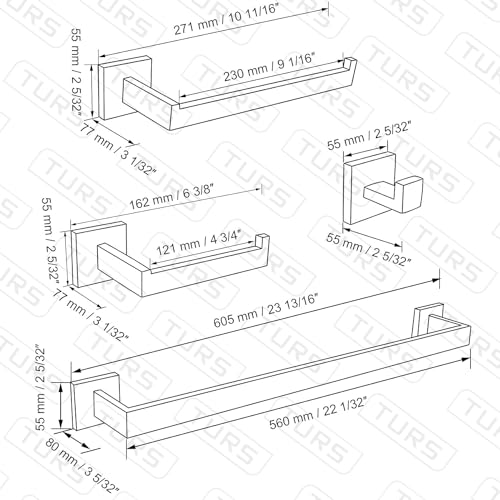 TURS 5-Piece Bathroom Hardware Set Polished Chrome Towel Bar Holder Sets Hand Towel Holder and 2 Towel Hooks, Stainless Steel Wall Mounted, Q7P-P5