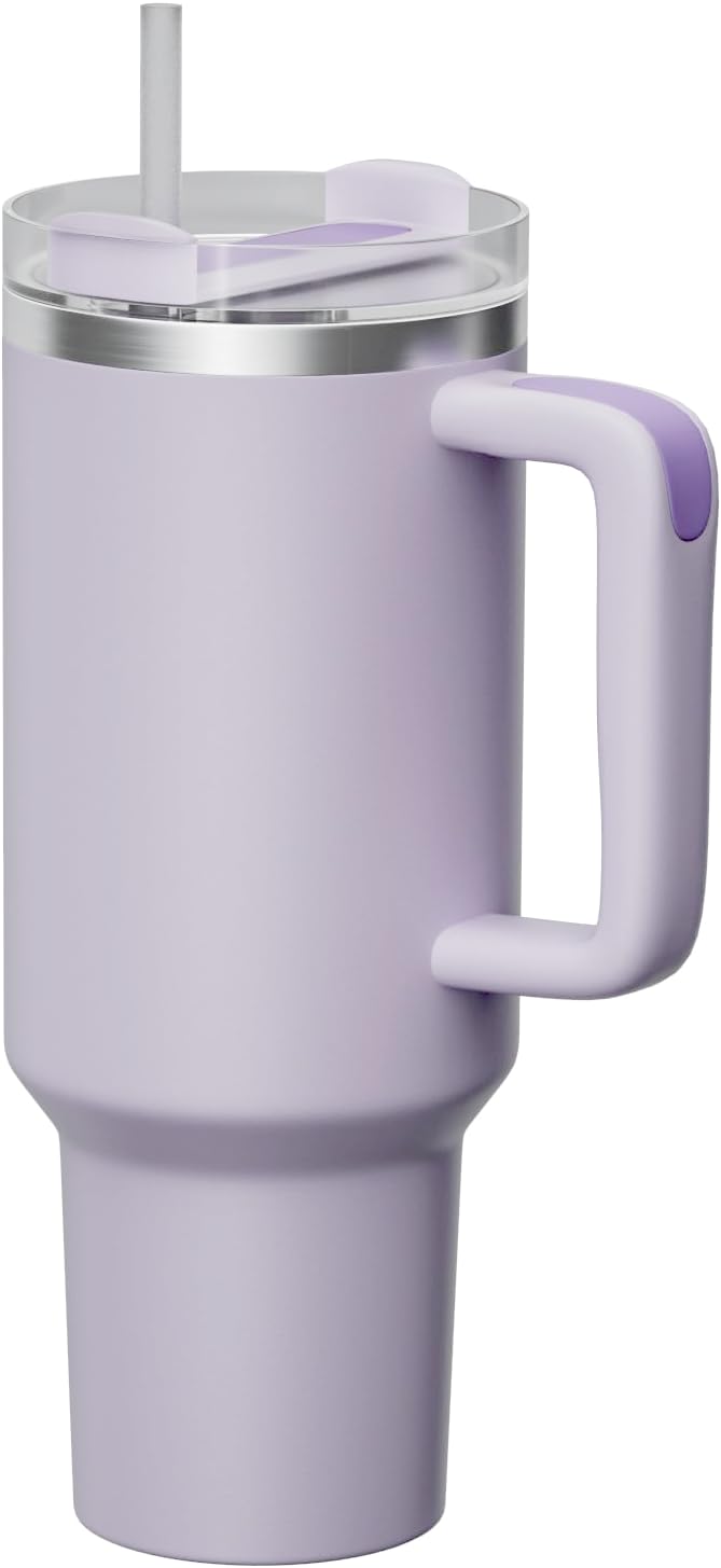 KISSKIND 40 oz tumbler with handle Travel Mug Straw Covers Cup with Lid Insulated Quencher Stainless Steel Water Iced Tea Coffee Gift Purple