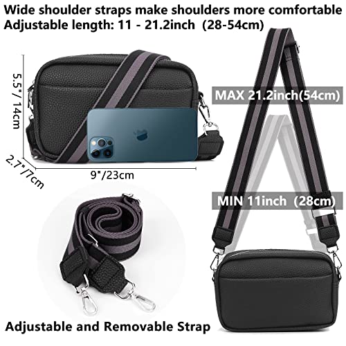Efilra Crossbody Bag for Women, Small Leather Camera Purse Thick Strap Cross-body Bags, Triple Zip Shoulder Bag with Guitar Strap, B-black, Camera Crossbody Bag
