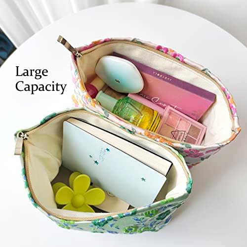STARDW Flower Cosmetic Bags Makeup Bags for Women and Girls,Travel Makeup Bag Large Capacity Canvas Makeup Bag,Makeup Organizer Bag Zipper Pouch, Embossed pink, Large Capacity Aesthetic Makeup Bags