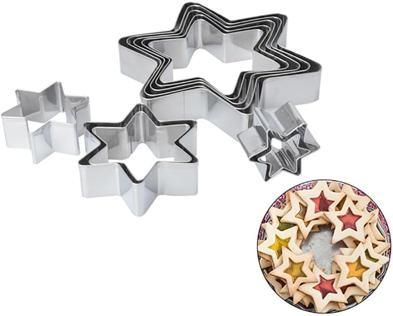 Christmas Cookie Tree Cutter Kit 10 Pieces,Stainless Steel Six-pointed Star Biscuit Molds Fondant Cake Cookie Cutter Set Pastry Mold for Star Linzer and 3D Christmas Tree Cookies (silver) - silver