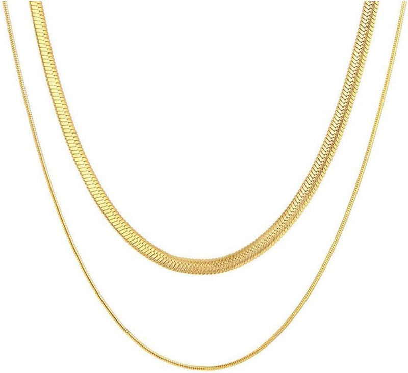 14K Gold Plated Dainty Choker Necklace for Women Girls Snake Chain, Cuban Link, Paperclip, Ball Beaded Chain, Natural Freshwater Pearl Necklace Fashion Jewelry for Gift - Gold Layered Snake Chain - 1.5mm & 3mm