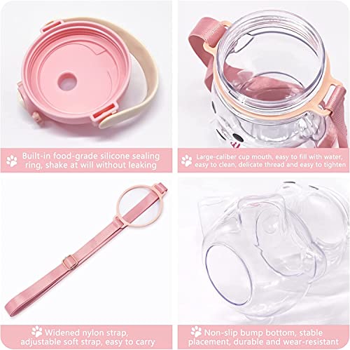 YHRY Kawaii Bear Water Bottle with Straw and Strap, Cute Water Bottles for Kids, Portable Leakproof BPA-free Drinking Cups for Girls Women Sports Camping Picnic Hiking Travel (Pink) (PINK)