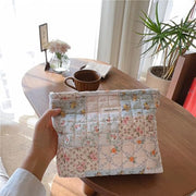 Sminra Floral Makeup Bag Large Cotton Quilted Cosmetic Makeup Bag Organizer, Aesthetic Portable Pouch Purse Toiletry Bag for Women Girls Travel accessories(Blue Floral-L)