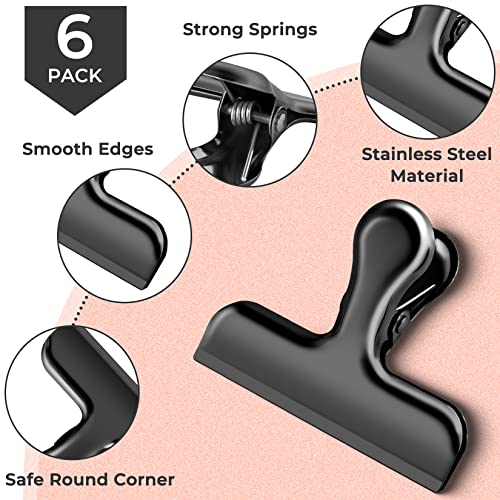 ANZNKU 6 Packs Black Bag Clips for Food Packages, Chip Clips Bag Clips Food Clips, Stainless Steel Chip Clip for Food Packages, Bag Clips for Food Storage