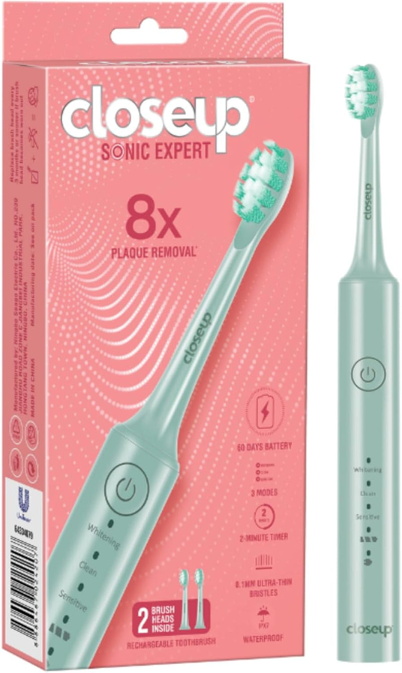 closeup Sonic Expert Green Rechargeable Toothbrush, Waterproof, with 8x Plaque Removal Power, Whitens and Cleans, Suitable for Sensitive Teeth, 1pack