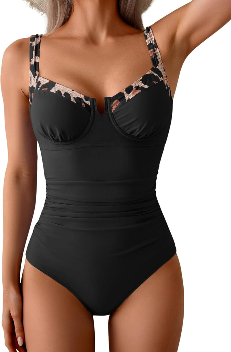 Women's Underwire One Piece Swimsuits Tummy Control Bathing Suits Push Up Swim Suit Color Block Swimwear - Black, Leopard