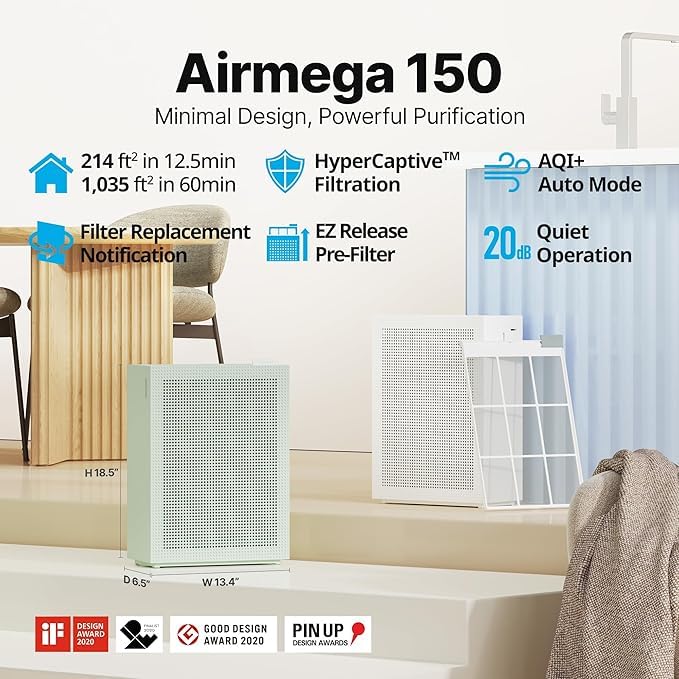 COWAY Air Purifier for Large Home Bedroom 1,035ft², Long-life 3-in-1 Filter, GreenHEPA, Air Quality Monitor, Auto Mode, Removes 99.99% Pet, Dust, Odours, Allergies, Quiet 20db sleep mode, AM-150 White