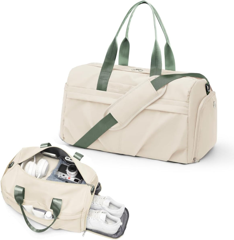 Gym Bag for Women Men with Shoe Compartment, Sport Duffel Bag, Waterproof Travel Weekender Overnight Carry on Bag for Yoga with Trolley Sleeve, Black, A-Black, Shoe Compartment - A22- Beige Green