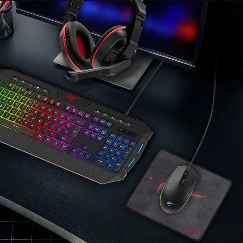 HAVIT 4-in-1 Wired Gaming Combo RGB Backlit Keyboard (114 Keys), 6-Button Mouse (8002400 DPI), 3.5mm Headset with Mic, Fine-Mesh Mouse Pad PC, Mac, Laptop Compatible Black/Red