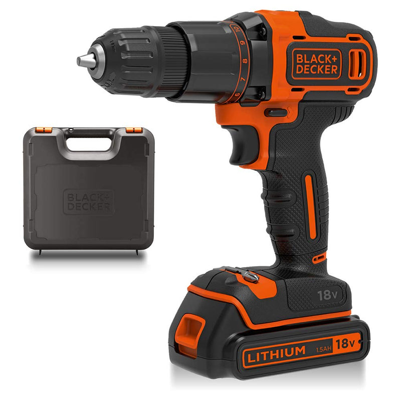 BLACK+DECKER Cordless Hammer Drill,18V, 1.5Ah Li-Ion Battery, 10 Torque Settings, 21,000 BPM, Variable Speed, Keyless Chuck, Includes Kitbox, for Wood, Metal, Masonry, Orange - BCD700S1K-GB