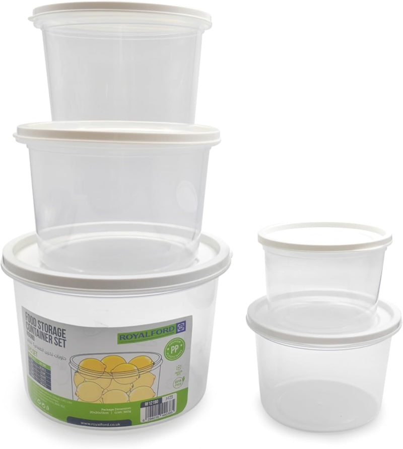 Royalford Round Plastic Food Storage Container RF12190 Pack of 5 Containers, 450 ml, 700 ml, 1100 ml, 1800 ml, 2800 ml Leakproof Box for Food, Leftover, Marinades, Dough, etc for Kitchen Organization - Transparent 450 ml, 700 ml, 1100 ml, 1800 ml, 2800 ml, 5 pack