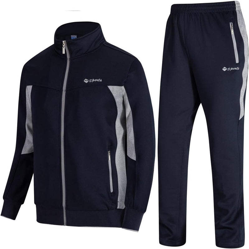 Men's Tracksuit, 2-Piece Set, Casual, Athletic Sweat Suit with Full Zipper, for Jogging, Warm-Up - 01 Navy+grey