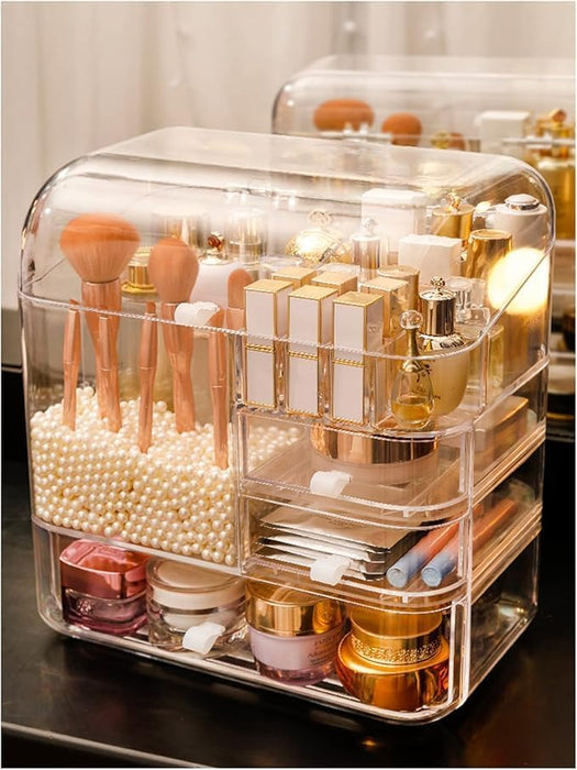 LIMOS Modern Makeup Storage Organizer Box Cosmetics storage display rack with drawer,Waterproof, dustproof, display cabinet Suitable for bathroom countertop, bedroom dresser (Design D White)